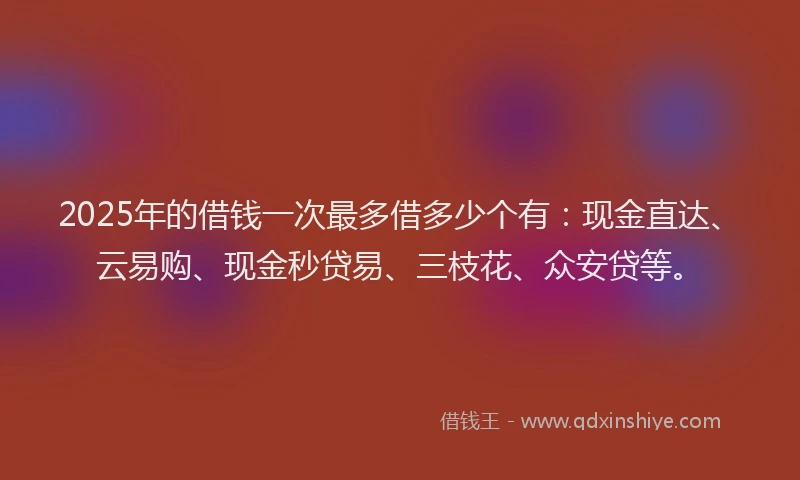 2025年的借钱一次最多借多少个有：现金直达、云易购、现金秒贷易、三枝花、众安贷等。