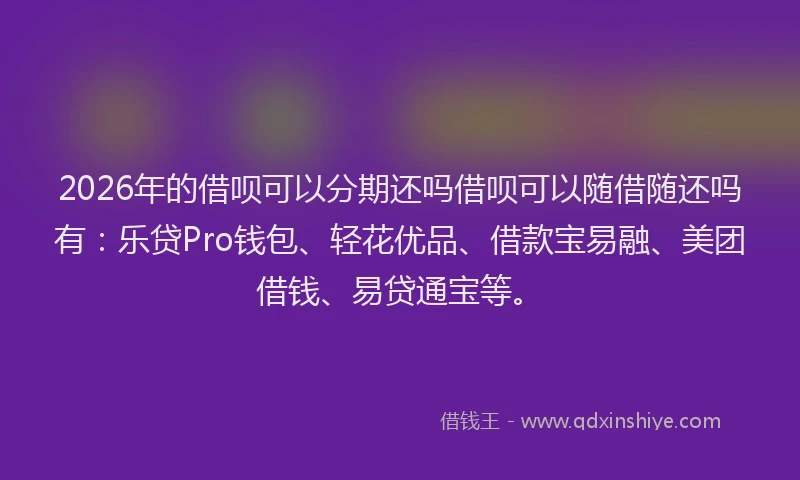 2026年的借呗可以分期还吗借呗可以随借随还吗有:乐贷Pro钱包、轻花优品、借款宝易融、美团借钱、易贷通宝等。