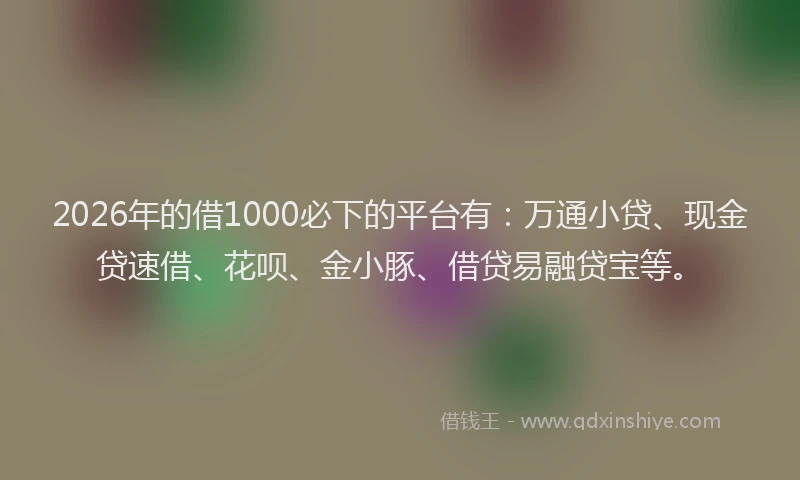 2026年的借1000必下的平台有:万通小贷、现金贷速借、花呗、金小豚、借贷易融贷宝等。