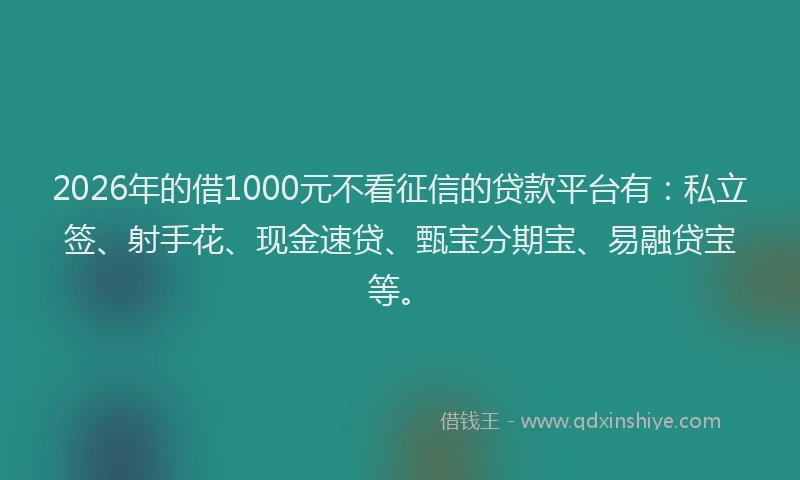 2026年的借1000元不看征信的贷款平台有:私立签、射手花、现金速贷、甄宝分期宝、易融贷宝等。