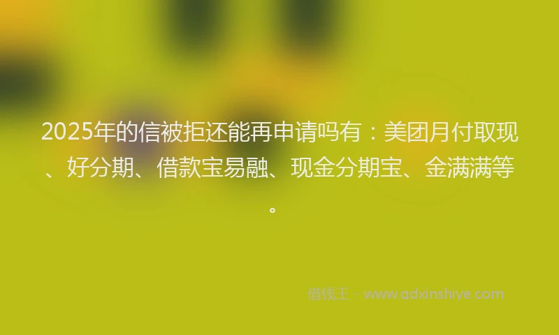 2025年的信被拒还能再申请吗有：美团月付取现、好分期、借款宝易融、现金分期宝、金满满等。