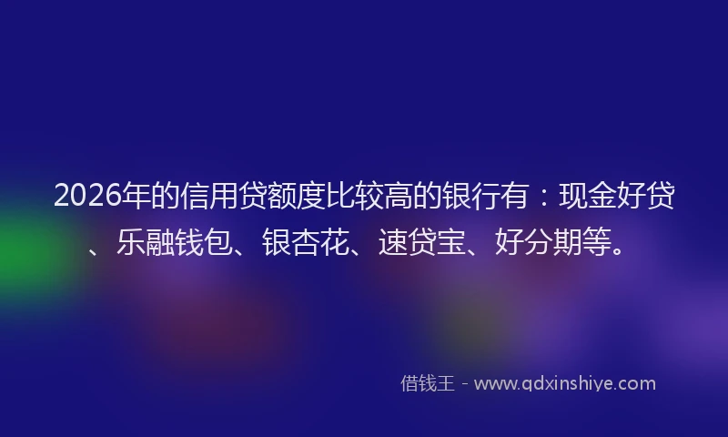2026年的信用贷额度比较高的银行有：现金好贷、乐融钱包、银杏花、速贷宝、好分期等。