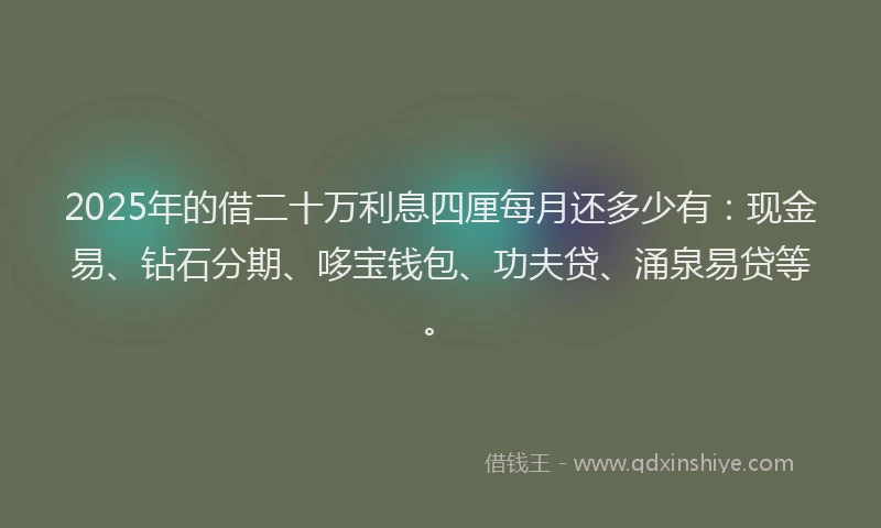 2025年的借二十万利息四厘每月还多少有：现金易、钻石分期、哆宝钱包、功夫贷、涌泉易贷等。