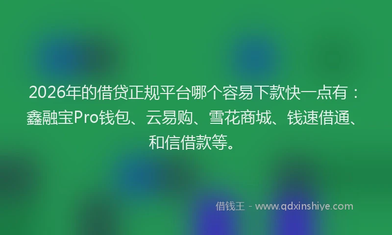 2026年的借贷正规平台哪个容易下款快一点有：鑫融宝Pro钱包、云易购、雪花商城、钱速借通、和信借款等。