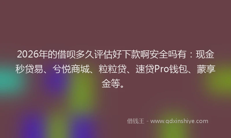 2026年的借呗多久评估好下款啊安全吗有:现金秒贷易、兮悦商城、粒粒贷、速贷Pro钱包、蒙享金等。