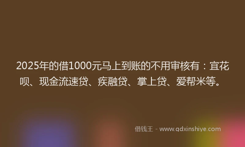 2025年的借1000元马上到账的不用审核有：宜花呗、现金流速贷、疾融贷、掌上贷、爱帮米等。