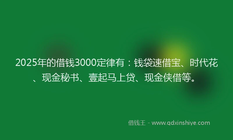 2025年的借钱3000定律有:钱袋速借宝、时代花、现金秘书、壹起马上贷、现金侠借等。