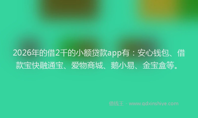 2026年的借2千的小额贷款app有：安心钱包、借款宝快融通宝、爱物商城、鹅小易、金宝盒等。