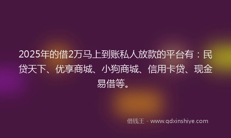 2025年的借2万马上到账私人放款的平台有:民贷天下、优享商城、小狗商城、信用卡贷、现金易借等。
