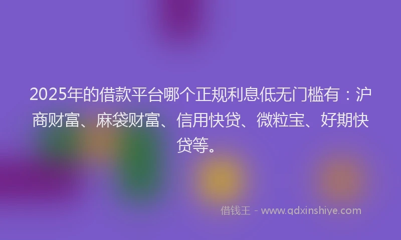 2025年的借款平台哪个正规利息低无门槛有：沪商财富、麻袋财富、信用快贷、微粒宝、好期快贷等。