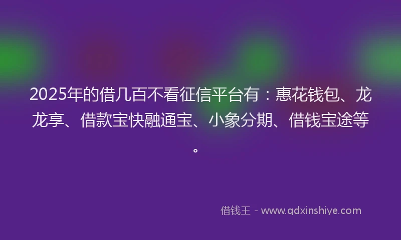 2025年的借几百不看征信平台有：惠花钱包、龙龙享、借款宝快融通宝、小象分期、借钱宝途等。
