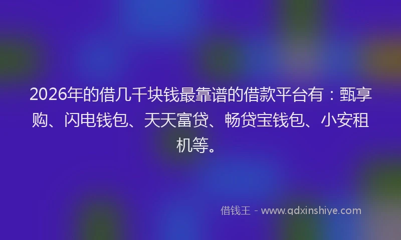 2026年的借几千块钱最靠谱的借款平台有:甄享购、闪电钱包、天天富贷、畅贷宝钱包、小安租机等。