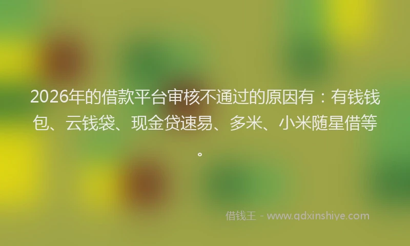 2026年的借款平台审核不通过的原因有：有钱钱包、云钱袋、现金贷速易、多米、小米随星借等。