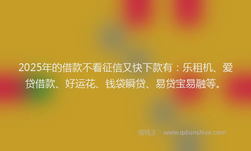 2025年的借款不看征信又快下款有：乐租机、爱贷借款、好运花、钱袋瞬贷、易贷宝易融等。