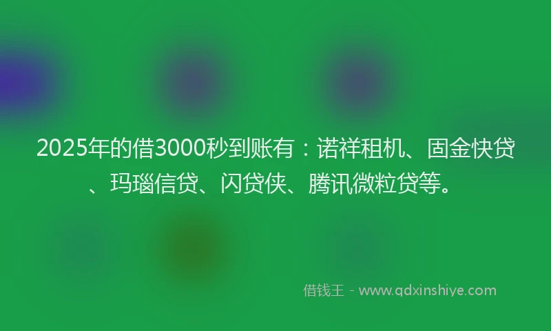 2025年的借3000秒到账有:诺祥租机、固金快贷、玛瑙信贷、闪贷侠、腾讯微粒贷等。