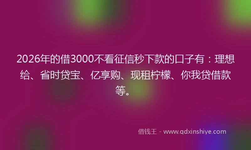 2026年的借3000不看征信秒下款的口子有：理想给、省时贷宝、亿享购、现租柠檬、你我贷借款等。