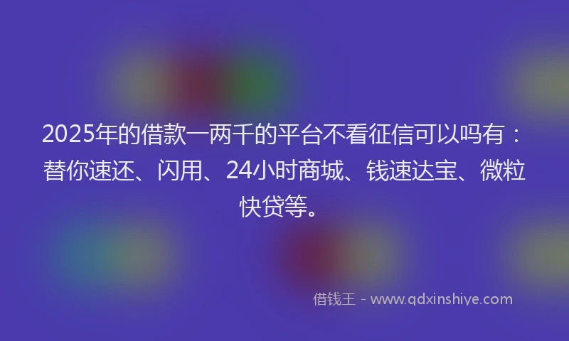 2025年的借款一两千的平台不看征信可以吗有：替你速还、闪用、24小时商城、钱速达宝、微粒快贷等。