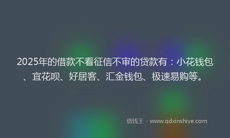 2025年的借款不看征信不审的贷款有：小花钱包、宜花呗、好居客、汇金钱包、极速易购等。