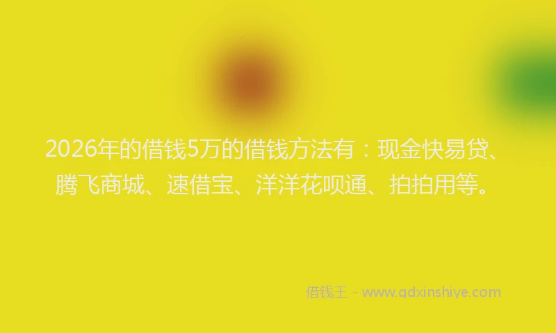 2026年的借钱5万的借钱方法有:现金快易贷、腾飞商城、速借宝、洋洋花呗通、拍拍用等。