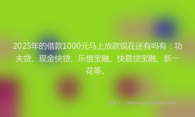 2025年的借款1000元马上放款现在还有吗有：功夫贷、现金快贷、乐借宝融、快易贷宝融、新一花等。