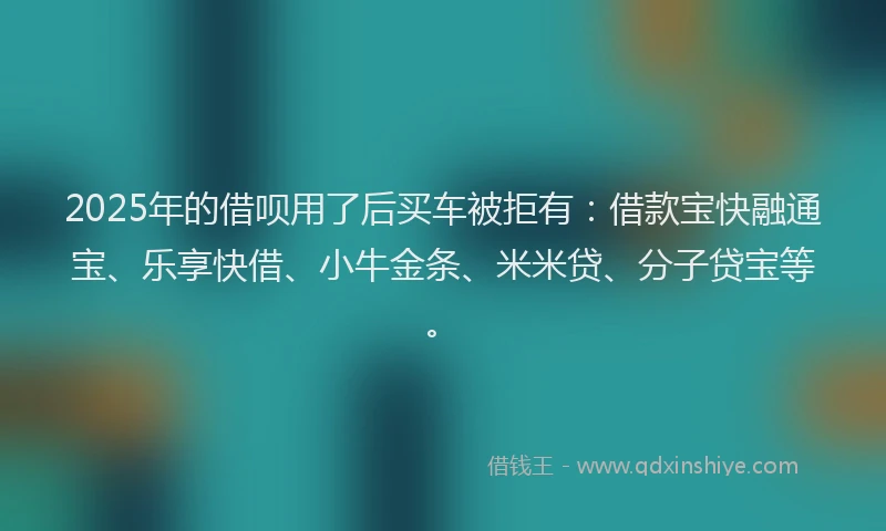 2025年的借呗用了后买车被拒有：借款宝快融通宝、乐享快借、小牛金条、米米贷、分子贷宝等。