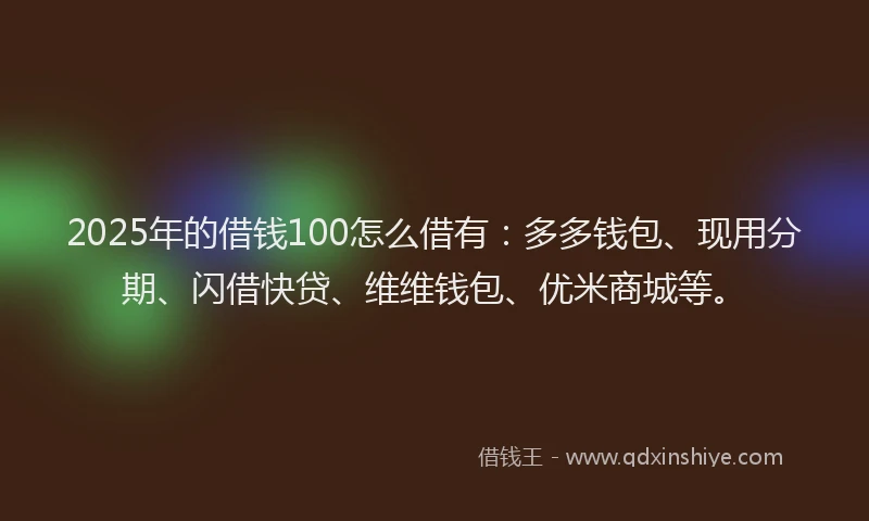 2025年的借钱100怎么借有：多多钱包、现用分期、闪借快贷、维维钱包、优米商城等。