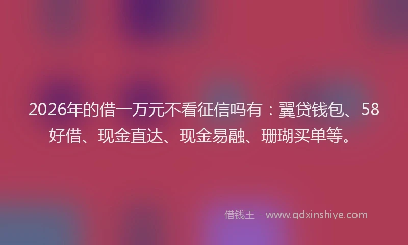 2026年的借一万元不看征信吗有：翼贷钱包、58好借、现金直达、现金易融、珊瑚买单等。