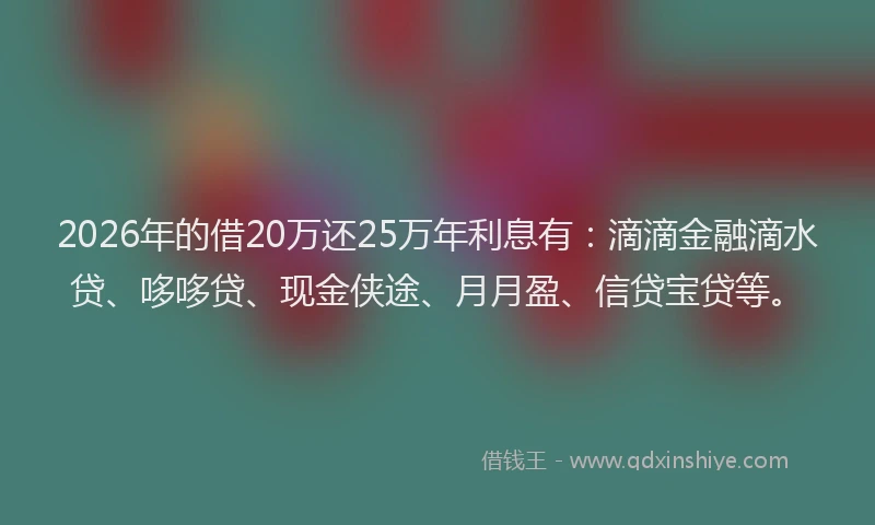 2026年的借20万还25万年利息有:滴滴金融滴水贷、哆哆贷、现金侠途、月月盈、信贷宝贷等。