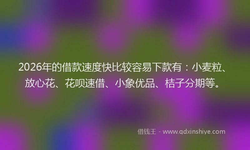 2026年的借款速度快比较容易下款有：小麦粒、放心花、花呗速借、小象优品、桔子分期等。
