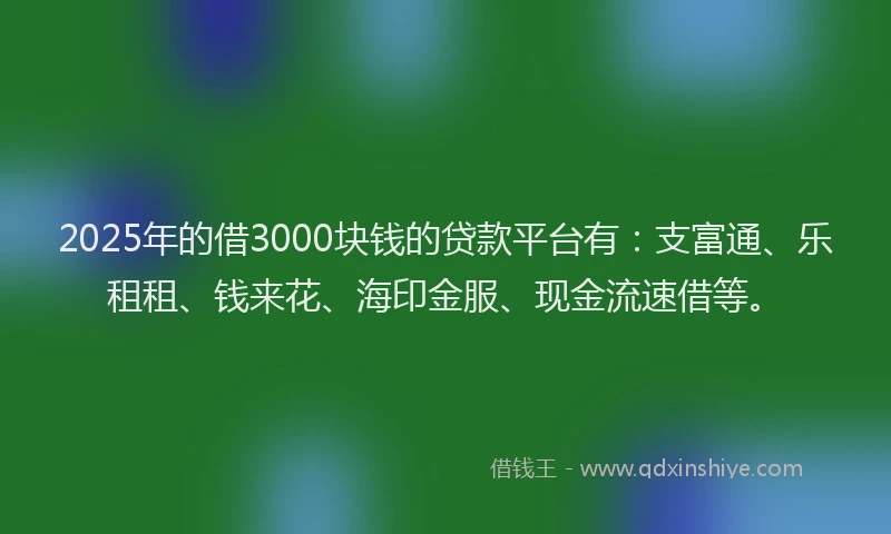 2025年的借3000块钱的贷款平台有：支富通、乐租租、钱来花、海印金服、现金流速借等。