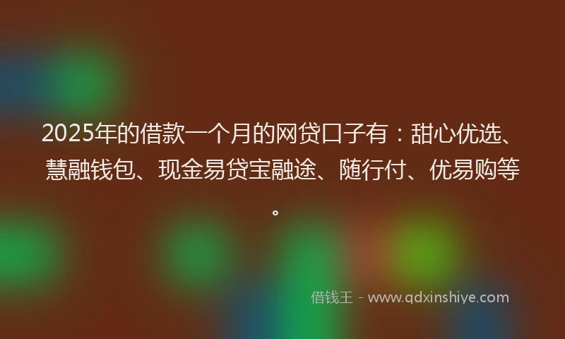 2025年的借款一个月的网贷口子有:甜心优选、慧融钱包、现金易贷宝融途、随行付、优易购等。