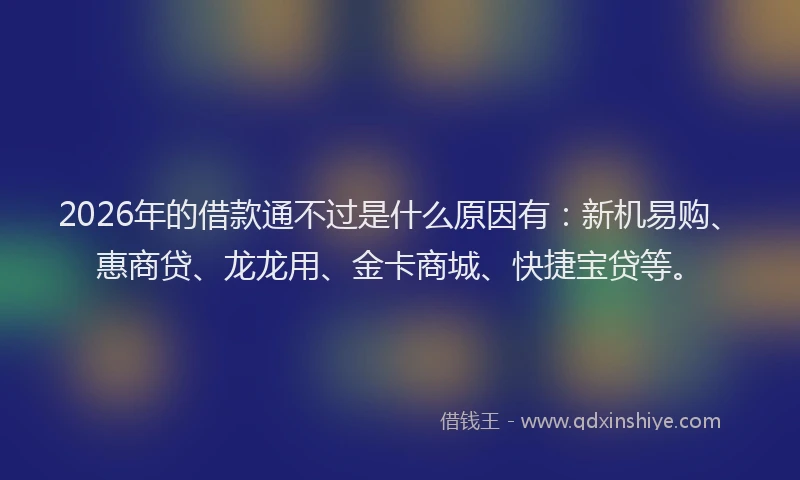 2026年的借款通不过是什么原因有：新机易购、惠商贷、龙龙用、金卡商城、快捷宝贷等。