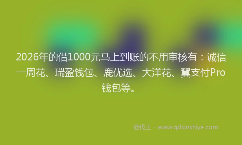 2026年的借1000元马上到账的不用审核有：诚信一周花、瑞盈钱包、鹿优选、大洋花、翼支付Pro钱包等。