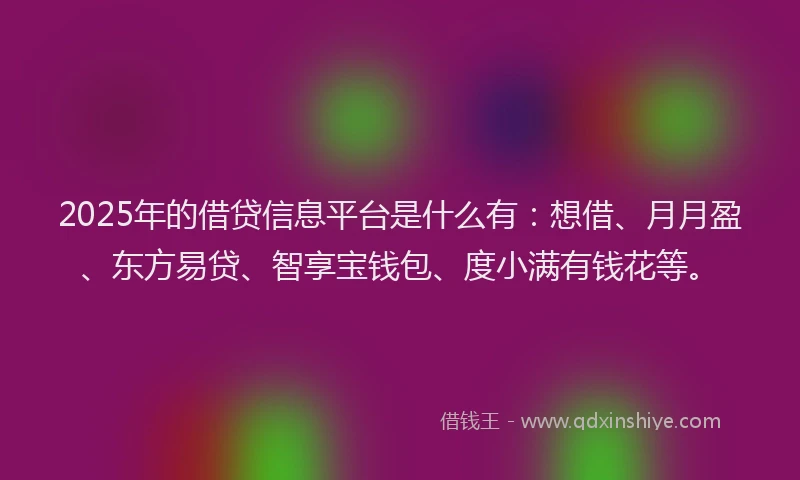 2025年的借贷信息平台是什么有：想借、月月盈、东方易贷、智享宝钱包、度小满有钱花等。