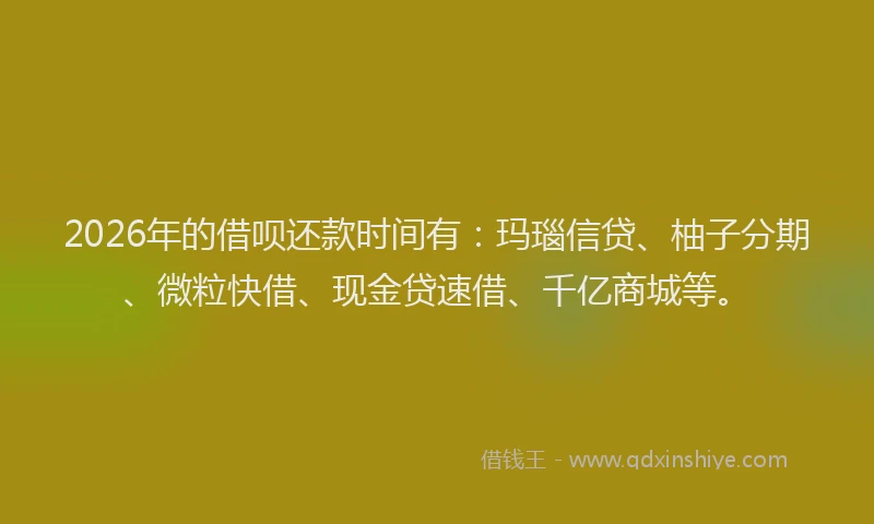 2026年的借呗还款时间有：玛瑙信贷、柚子分期、微粒快借、现金贷速借、千亿商城等。