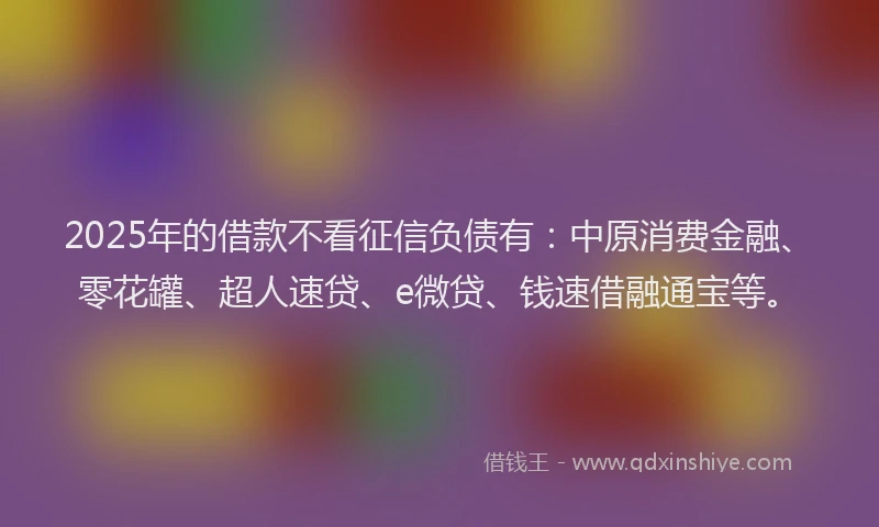 2025年的借款不看征信负债有：中原消费金融、零花罐、超人速贷、e微贷、钱速借融通宝等。