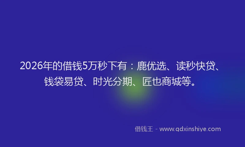 2026年的借钱5万秒下有：鹿优选、读秒快贷、钱袋易贷、时光分期、匠也商城等。