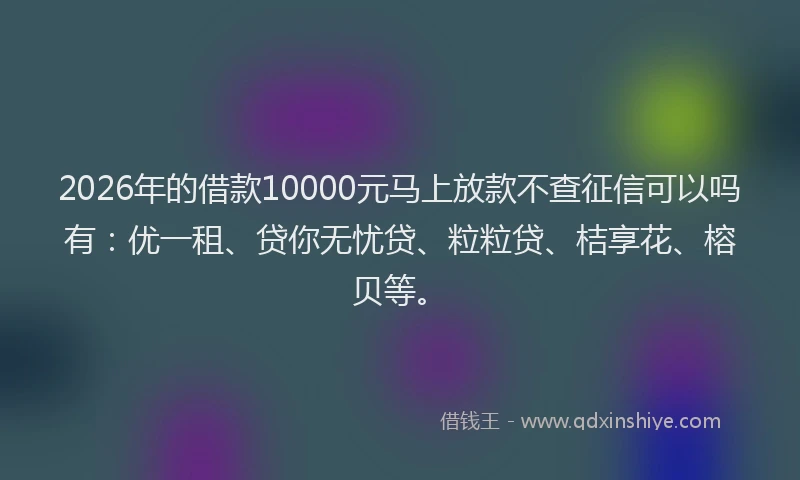 2026年的借款10000元马上放款不查征信可以吗有:优一租、贷你无忧贷、粒粒贷、桔享花、榕贝等。