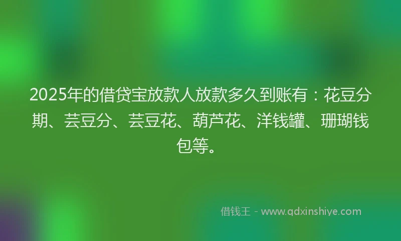 2025年的借贷宝放款人放款多久到账有：花豆分期、芸豆分、芸豆花、葫芦花、洋钱罐、珊瑚钱包等。