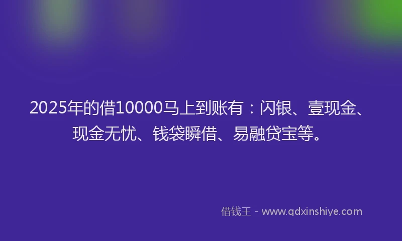 2025年的借10000马上到账有：闪银、壹现金、现金无忧、钱袋瞬借、易融贷宝等。