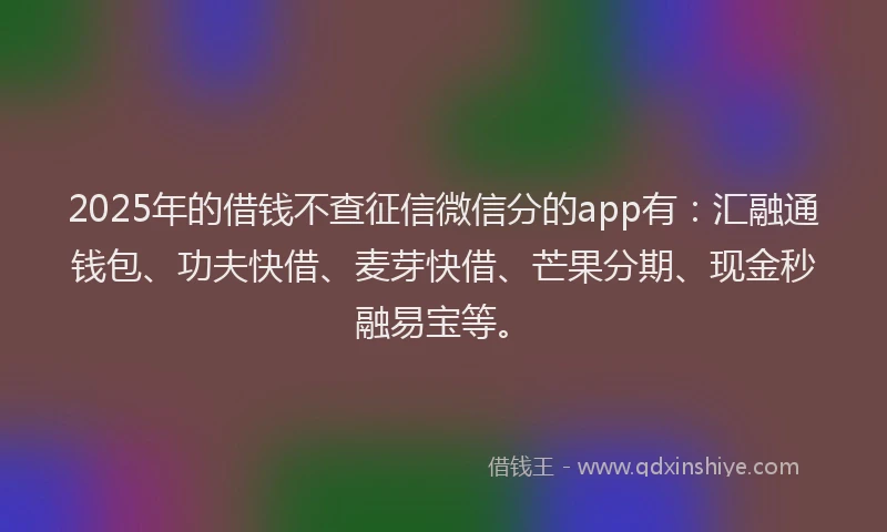 2025年的借钱不查征信微信分的app有:汇融通钱包、功夫快借、麦芽快借、芒果分期、现金秒融易宝等。