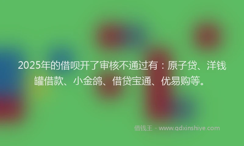 2025年的借呗开了审核不通过有：原子贷、洋钱罐借款、小金鸽、借贷宝通、优易购等。