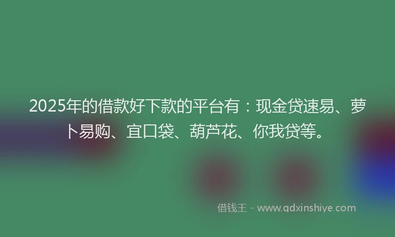 2025年的借款好下款的平台有:现金贷速易、萝卜易购、宜口袋、葫芦花、你我贷等。