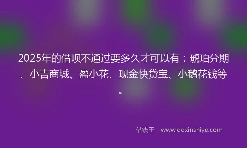 2025年的借呗不通过要多久才可以有：琥珀分期、小吉商城、盈小花、现金快贷宝、小鹅花钱等。