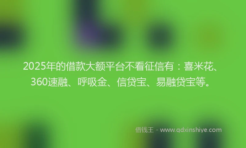 2025年的借款大额平台不看征信有：喜米花、360速融、呼吸金、信贷宝、易融贷宝等。