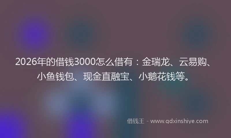 2026年的借钱3000怎么借有：金瑞龙、云易购、小鱼钱包、现金直融宝、小鹅花钱等。
