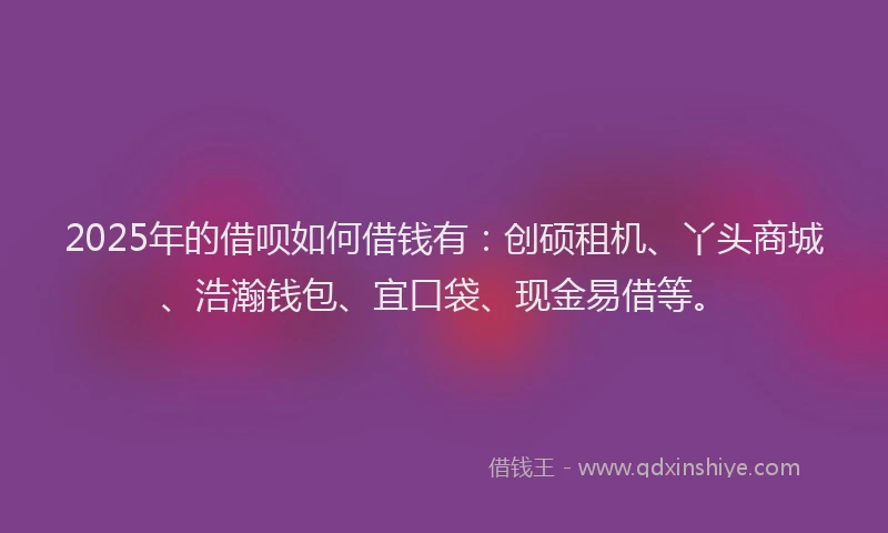 2025年的借呗如何借钱有：创硕租机、丫头商城、浩瀚钱包、宜口袋、现金易借等。