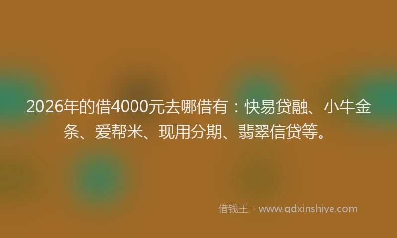2026年的借4000元去哪借有：快易贷融、小牛金条、爱帮米、现用分期、翡翠信贷等。