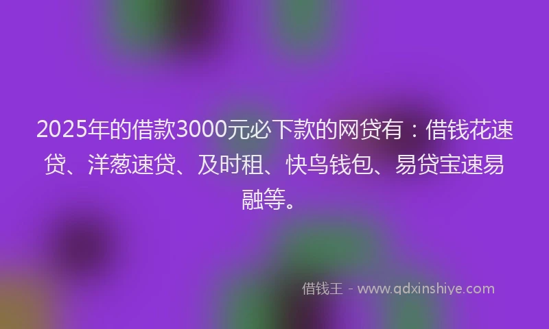2025年的借款3000元必下款的网贷有：借钱花速贷、洋葱速贷、及时租、快鸟钱包、易贷宝速易融等。