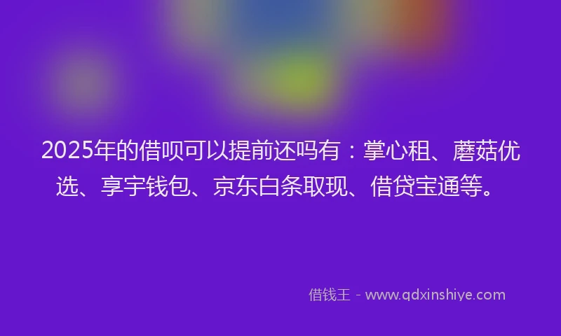 2025年的借呗可以提前还吗有：掌心租、蘑菇优选、享宇钱包、京东白条取现、借贷宝通等。